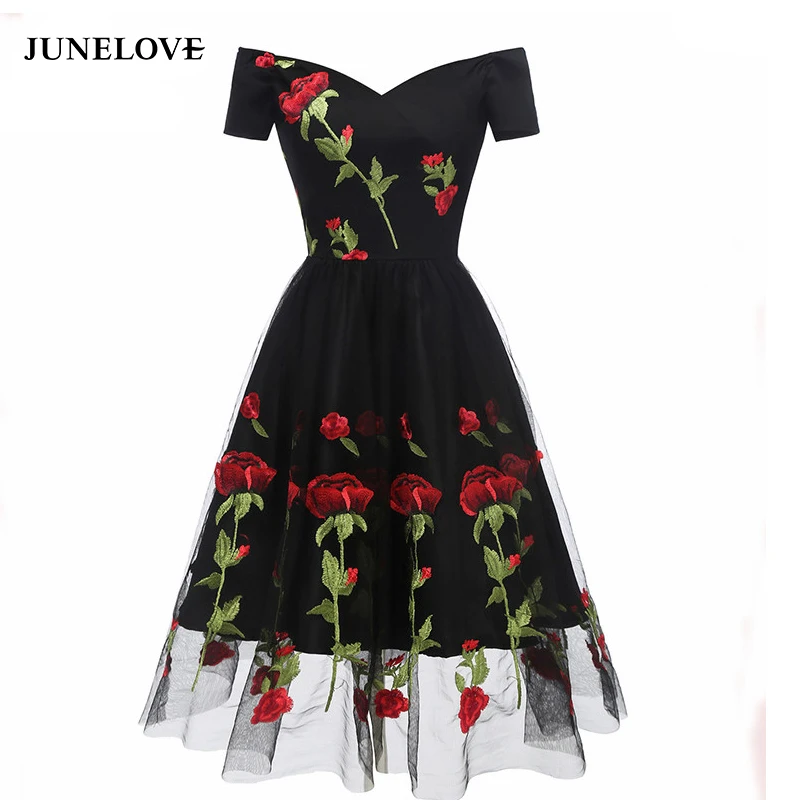 

JuneLove 2019 summer lace women dress mermaid black hollow out female dress Vintage short Sleeves Vestido women