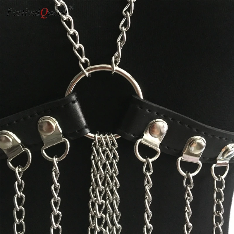 Sexy women metal chain skirt two piece Fashion PU leather Harness party nightclub wear short mini hollow out skirt