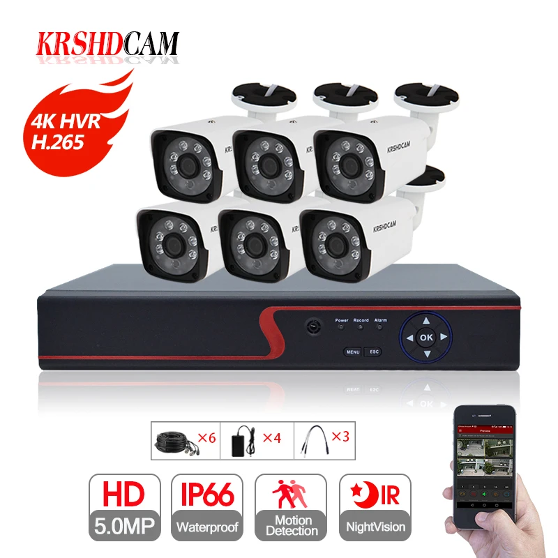

6CH CCTV System 4K 8CH H.265 DVR 6PCS 5MP AHD Cameras IR Night Vision Outdoor waterproof Security Camera HDMI Surveillance Kit