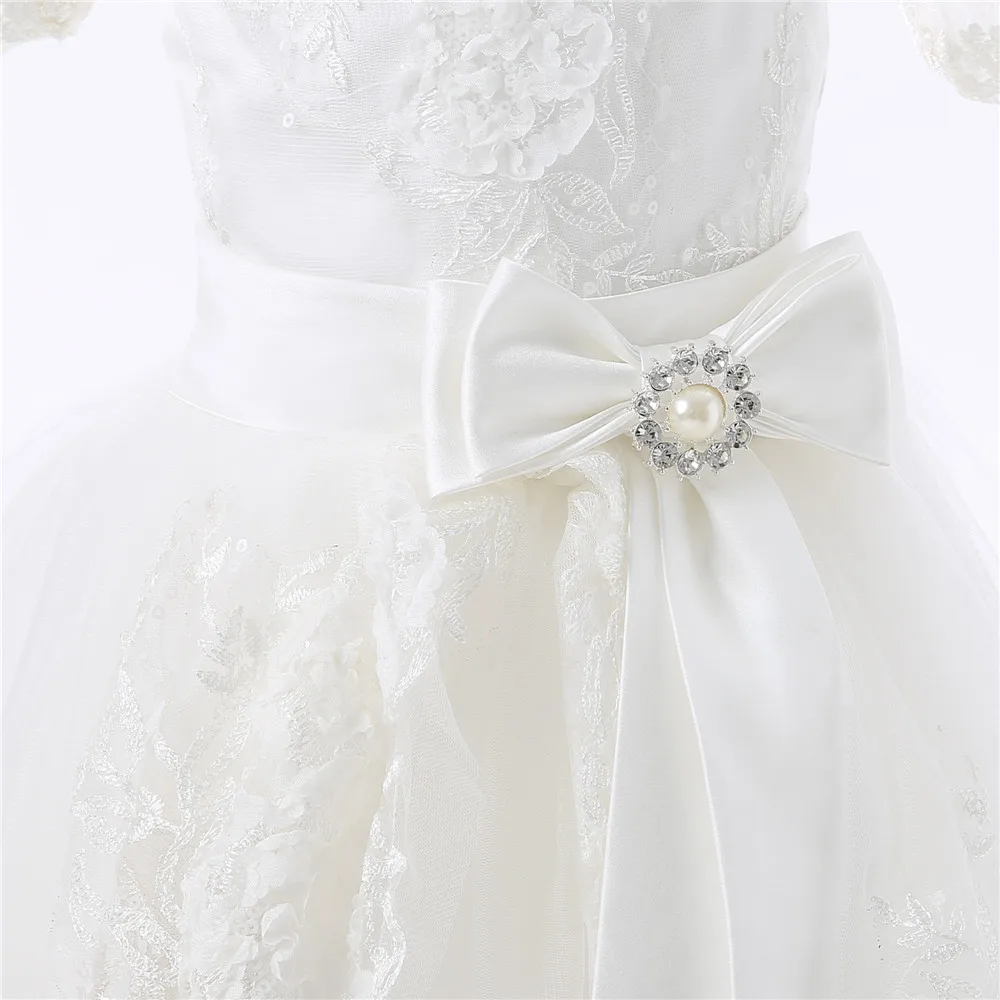 2019 Платья с цветочным узором для девочек на свадьбу, бальное платье, фатиновые Аппликации, кружевные платья с бантом для первого причастия
