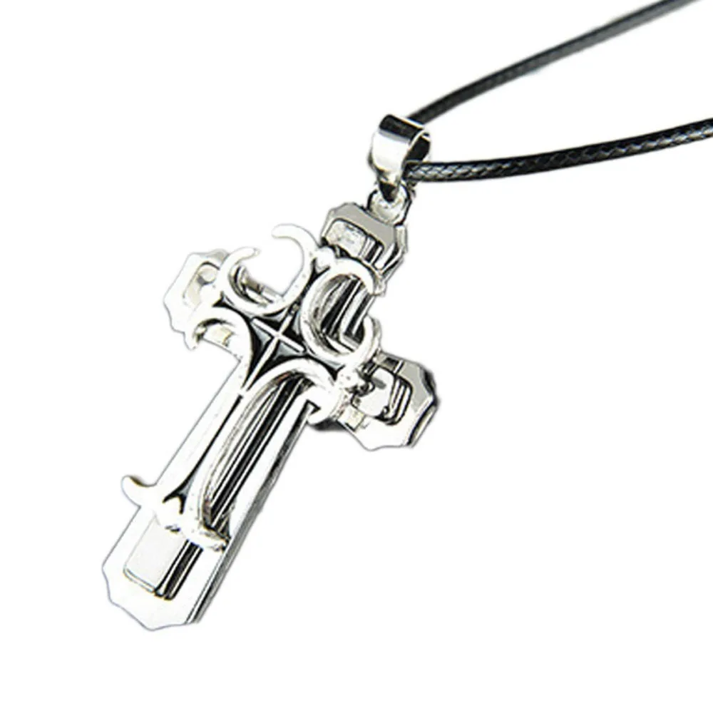 

Retro 3 layer Titanium Metal Alloy Cross Pendant Leather Chain Necklace Man Jewelry