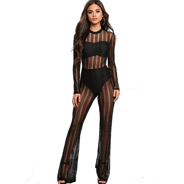 sexy black stripped mesh long jumpsuit long sleeve patchwork see