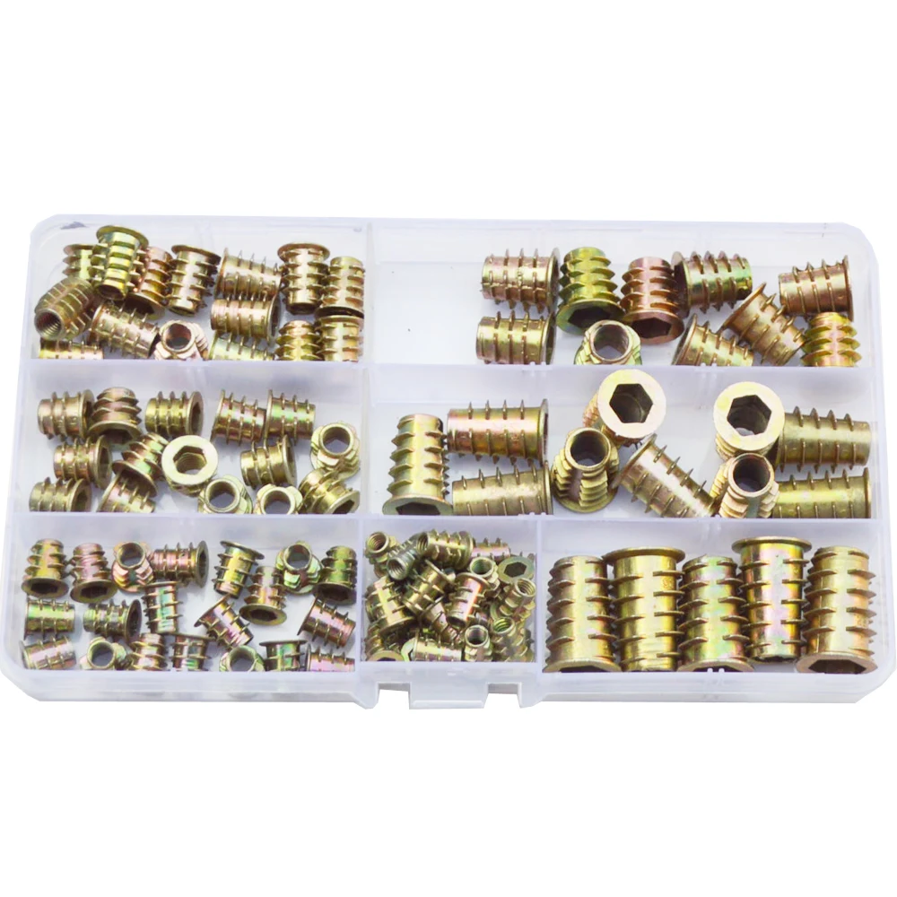 

105pcs Hex Drive Head Flang Furniture Nuts For Wood Thread Insert Hexagon Nutsert Zinc Plated Set Assortment Kit M4 M5 M6 M8 M10