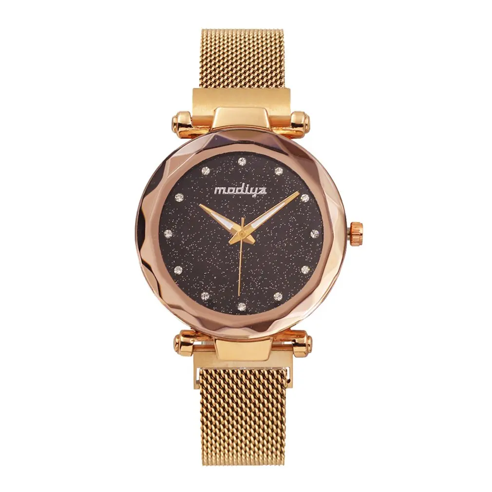 

Fashion Women Watch Mesh Steel Strap Round Starry Dial with Rhinestone Quartz Watch All-match Casual Wristwatch