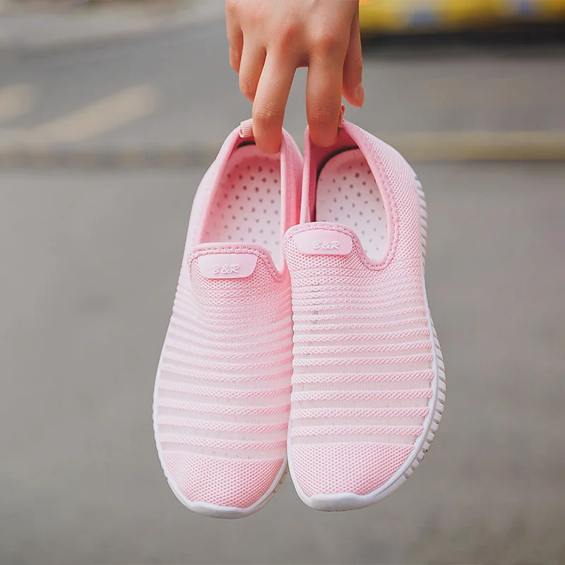 Mesh Women Flat Loafers Striped Breathable Slip On Canvas Ladies Shoes Soft Thick Bottom Comfortable Walking Female Moccasins