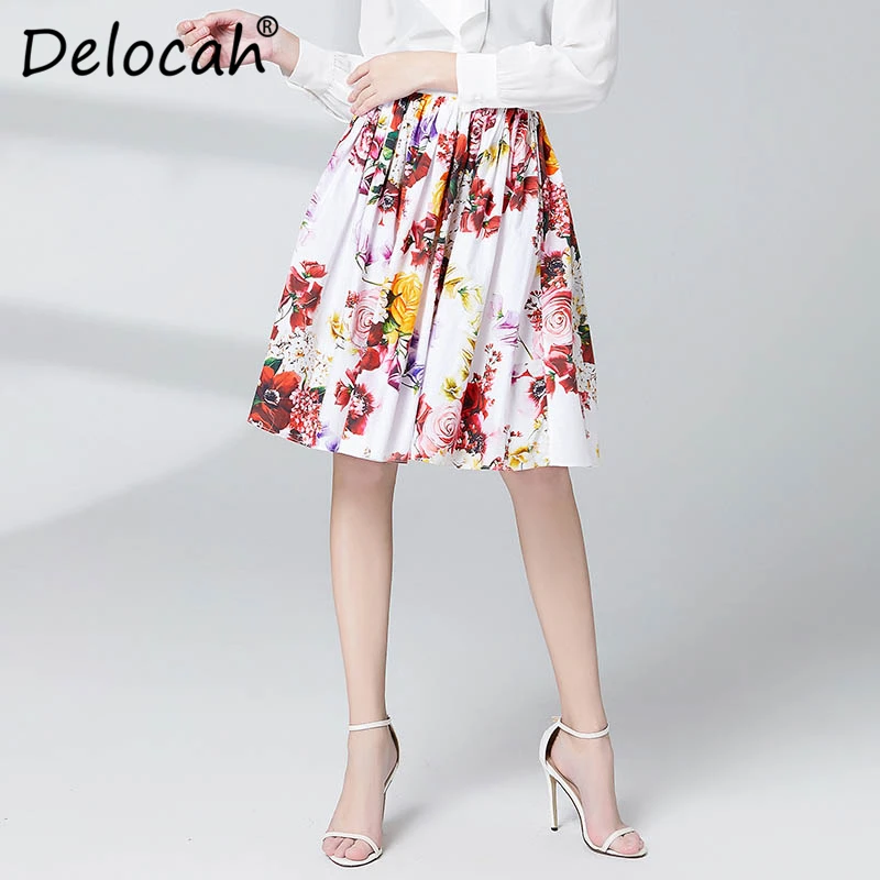 

Delocah Spring Summer Women Skirt Runway Fashion Designer Flower Printed Slim Modern Casual Knee-Length Ladys A-Line Wild Skirt
