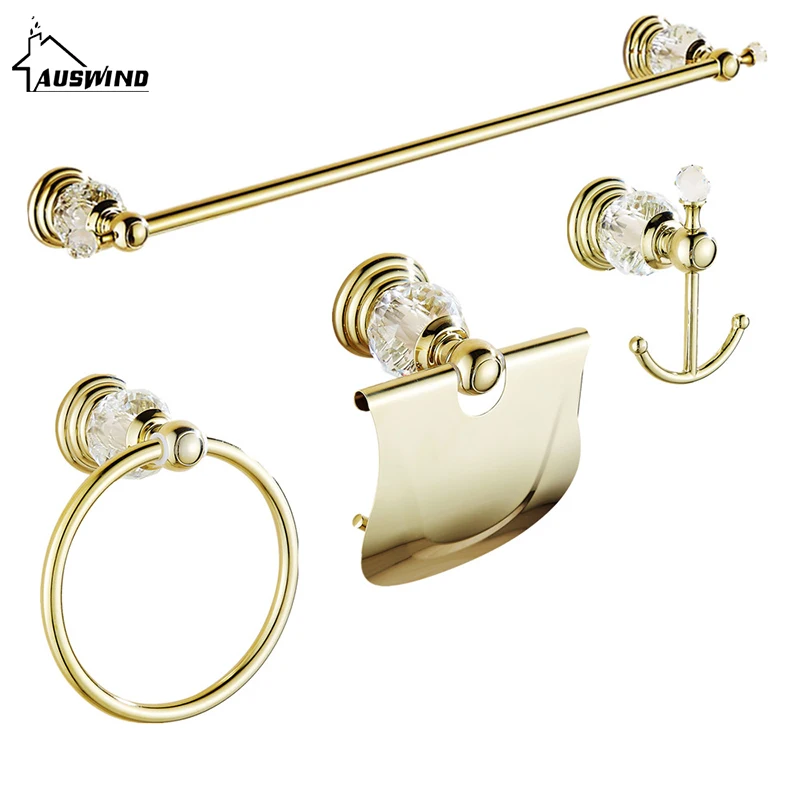 

Gold Clear Crystal Bathroom Hardware Set 4 Item Wall Mount Polish Finish Accessories Set For Complete Bathroom Decorate