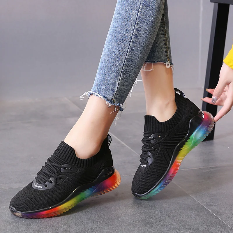 Womens Running Shoes Rainbow Outsole Non Slip Breathable Flywire Mesh Sports Outdoor Sneakers