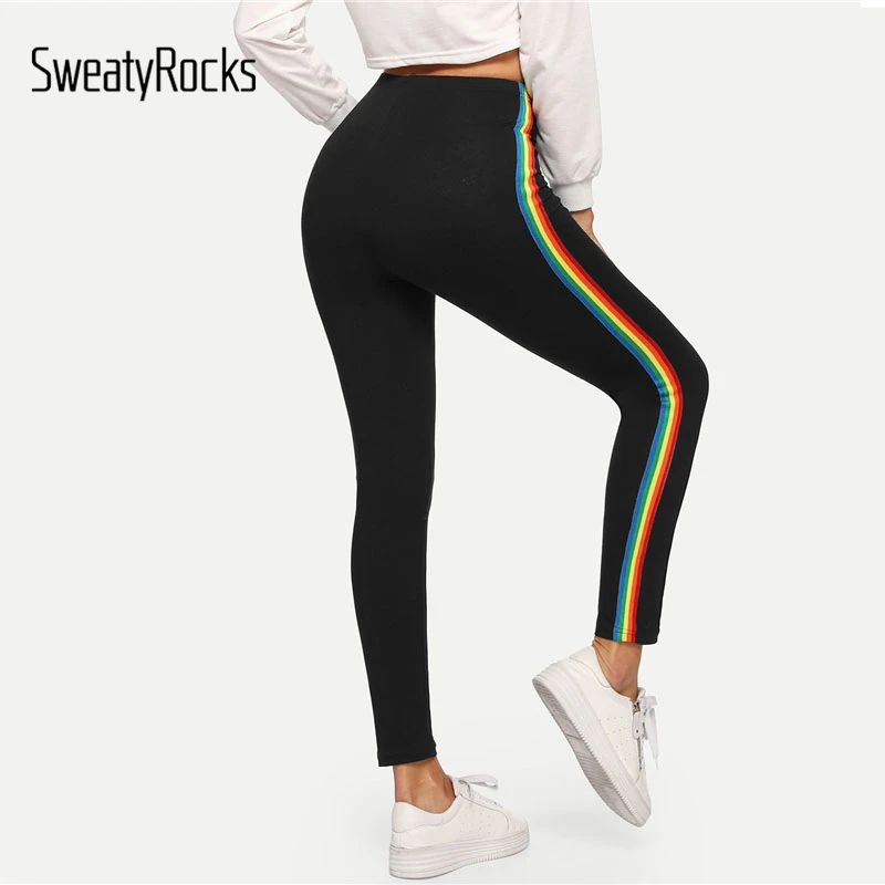 SweatyRocks اللياقة البدنية الأسود قوس قزح الجانب نحيل طماق مرونة الخصر النساء بسط تجريب السراويل 2018 الخريف عارضة طماق SweatyRocks اللياقة البدنية الأسود قوس قزح الجانب نحيل طماق مرونة الخصر النساء بسط تجريب السراويل 2018 الخريف عارضة طماق