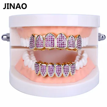 

JINAO New Fit Gold Color HipHop Teeth Grillz All Iced Out Fuchsia CZ Stonea Micro Paved Women's Top&Bottom Grills Set