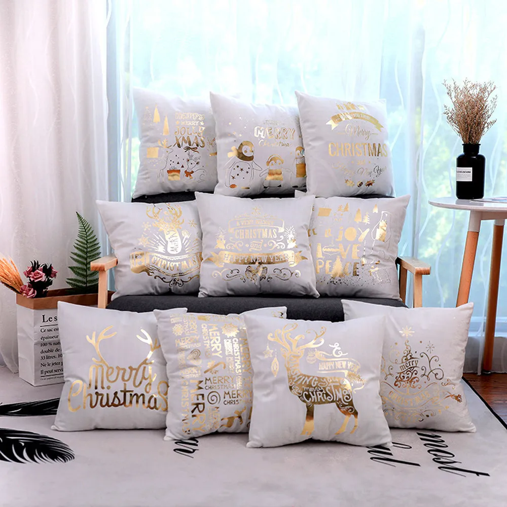 

Pillowcases Merry Christmas Gold Foil Printing Pillow Case Sofa Waist Housse de Coussin Throw Pillow Cover Cojines Cushion Cover