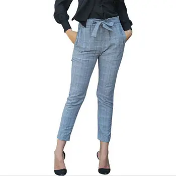 

Elegant Plaid Print Pencil Pants Women Casual Autumn Winter Women Trousers High Elastic Waist Lace-up Belt Warm Pant Female