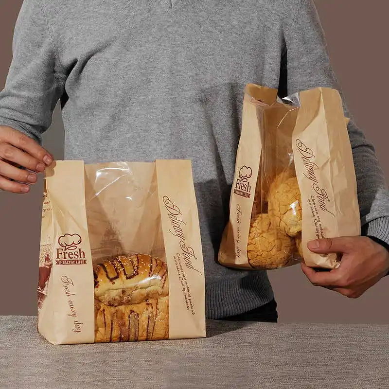 

100 pcs kraft paper bag with window Baking Packaging Donut Leisure Food bread bags Toast Bag Printed Package for Bakery