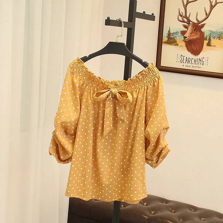 Summer Sweet Blouse Women Plus Size 3 XL Casual Lace Up Bow Polka Dot Blouse Shirt SWM889