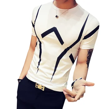 

Nice British Slim Tough Guy British Geometric Lines Personalized Printed short-sleeved Men T-shirt Fashion Slim Male T-shirt