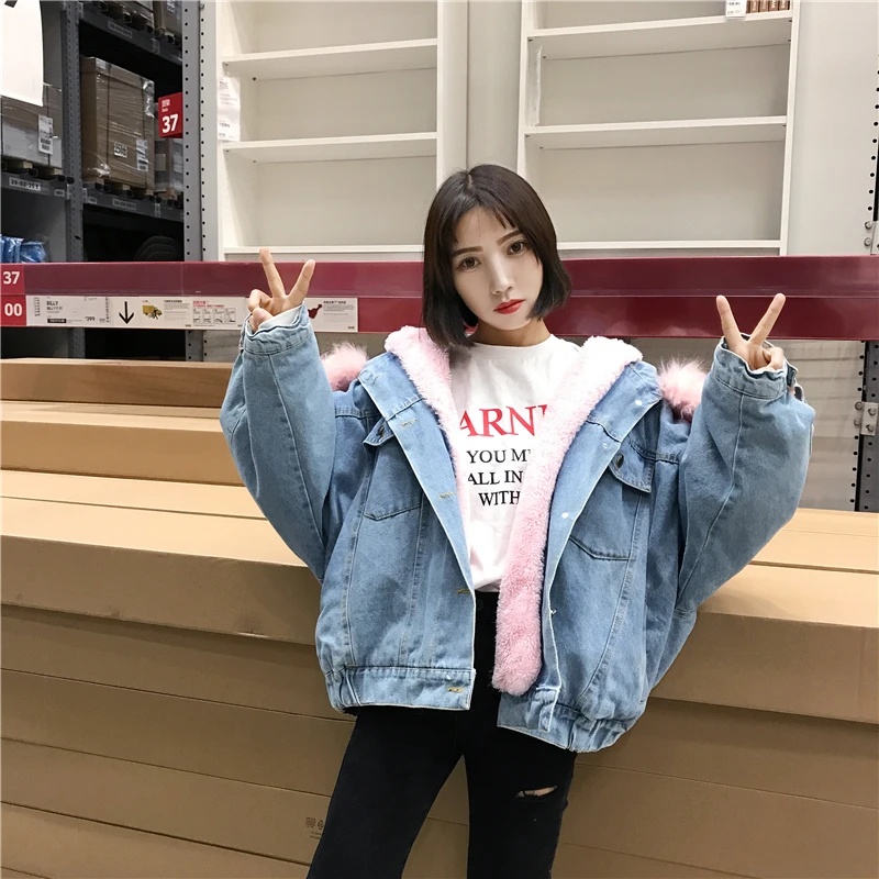 Blue Survêtement De Poitrine Mode Casual Fourrure Denim Velours Col Zx797 Femmes Confortable Épais Unique Lâche Femelle Plus Hiver Manteaux UqEHvSwnBH