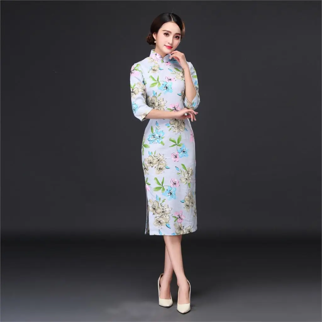 Китайское традиционное платье Ципао с цветочным принтом, женское атласное Ципао с коротким рукавом, длинное платье с цветочным принтом - Цвет: color16