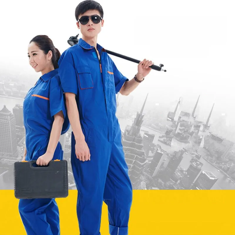

High quality Workshop Wear Clothes Unisex Summer Short Sleeves Engineering Uniform Patchwork Siamese Cleaner Work Wear blue