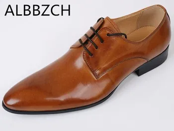 

New genuine leather men shoes brown pointed toe lace mens wedding dress shoes quality busines office work men shoes big yards 45