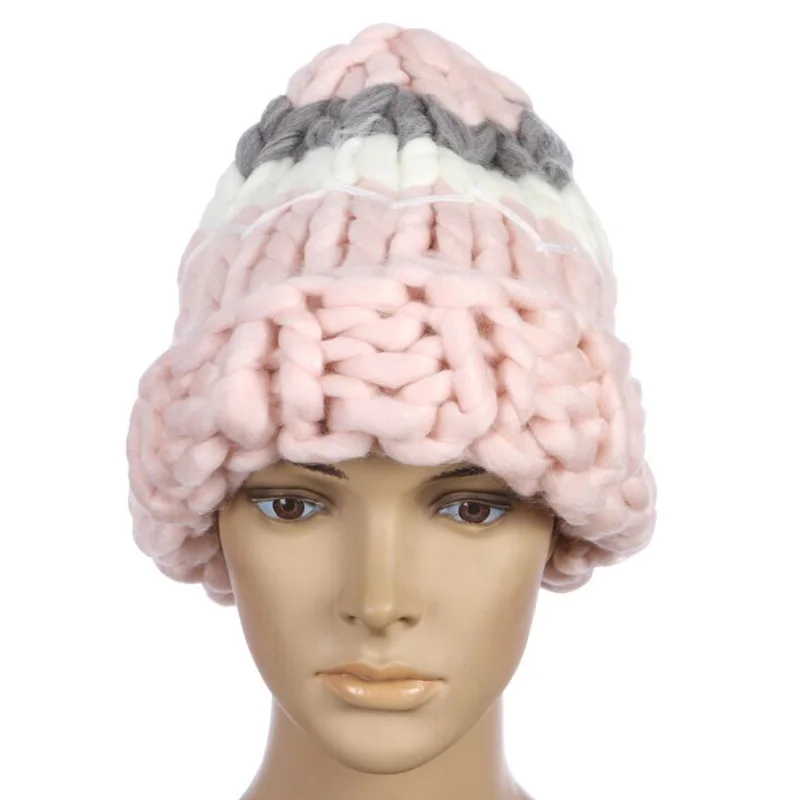 

New The Korean Knitting Wool Caps Woman Shag Line Warm Winter Hats Brand Skullies Beanies Three Color Stitching Handwork hat