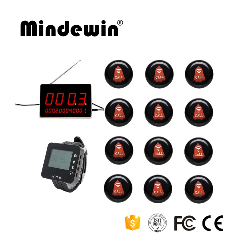 

Mindewin 433mhz Wireless Transmitter 12pcs Waiter Calling Button+1pc LED Display + 1pc Wrist Watch Waiter Service Calling Pager