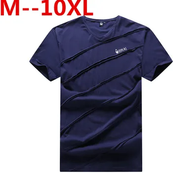 

plus size 10XL 8XL 6XL 5XL 4XL 2018 Summer T Shirts Men Loose Fit V-Neck Loose Fit Curl Hem wrinkle Solid Color Brand Clothing