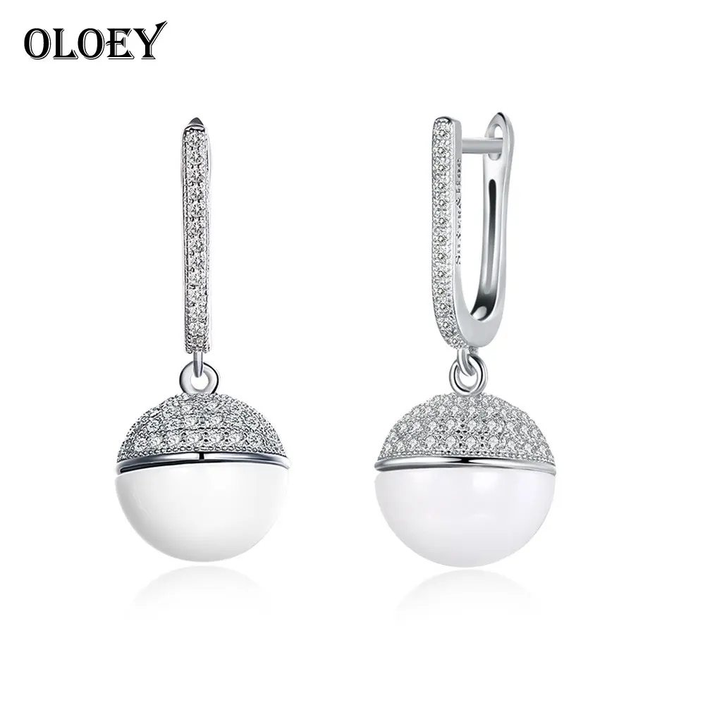 

YPAY Real 925 Sterling Silver Dangle Earrings White Ball Ceramic Luxury Female Fine Jewelry Accessories for Women Gift YME071