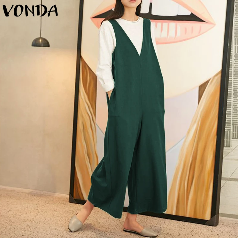 

VONDA Rompers Womens Jumpsuit 2020 Autumn Pregnant Sexy V Neck Sleeveless Playsuits Wide Leg Pants Overalls Maternity Clothes