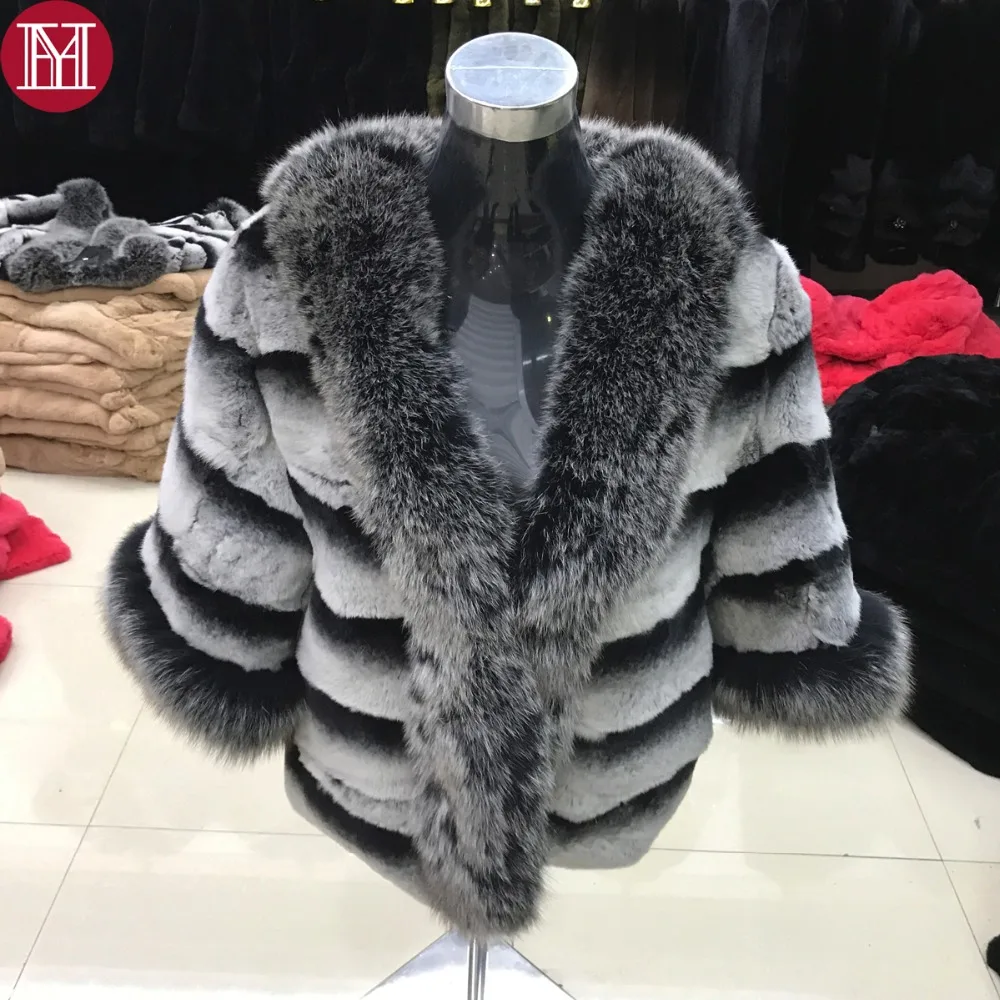 

2019 hot sale women natural real rex rabbit fur coat 100% genuine rex rabbit fur chinchilla color jacket with fox fur collar