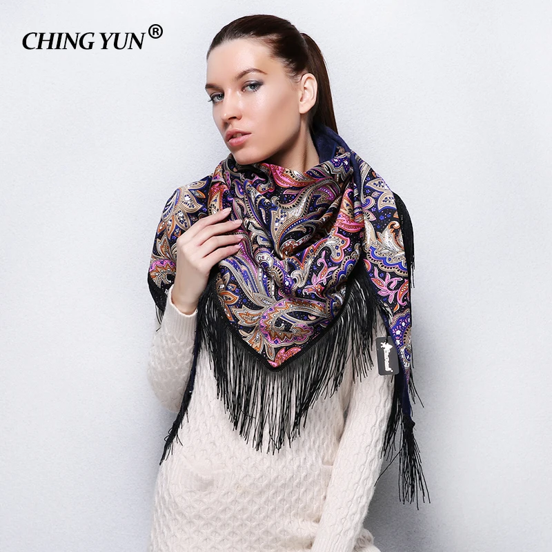 Ching Feminino Quente Inverno Cachecóis Grandes Franjas Xale Flores Bandanas Hijab Algodão Echarpe Cachecol Triângulo Senhoras Pri Yun