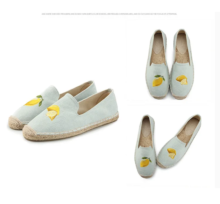 New Fashion Embroidery Lemon Comfortable Ladies Womens Casual Espadrilles Shoes Breathable Flax Hemp Canvas for Girls