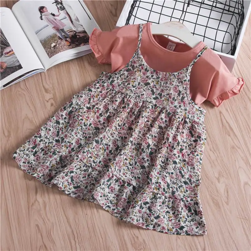 Princess dress Kids Baby Girls clothes set Summer short-sleeved T-shirt + floral halter dress Two piece children's suit (2)