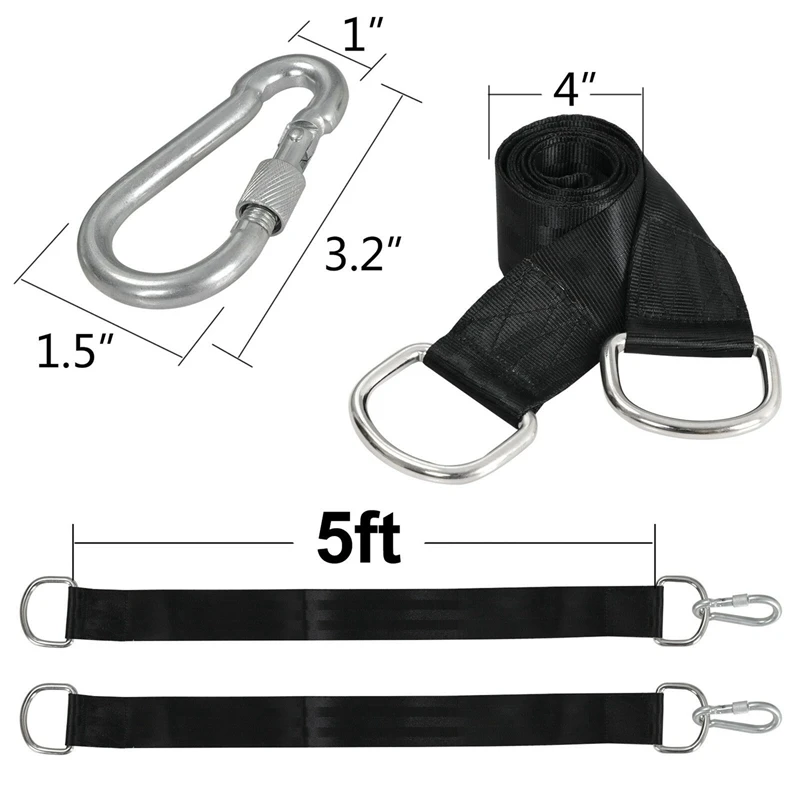 Tree Swing Straps Kit Hanging Straps Hammock Tree Swing 5Ft With 2 Heavy Duty Carabiner Hooks