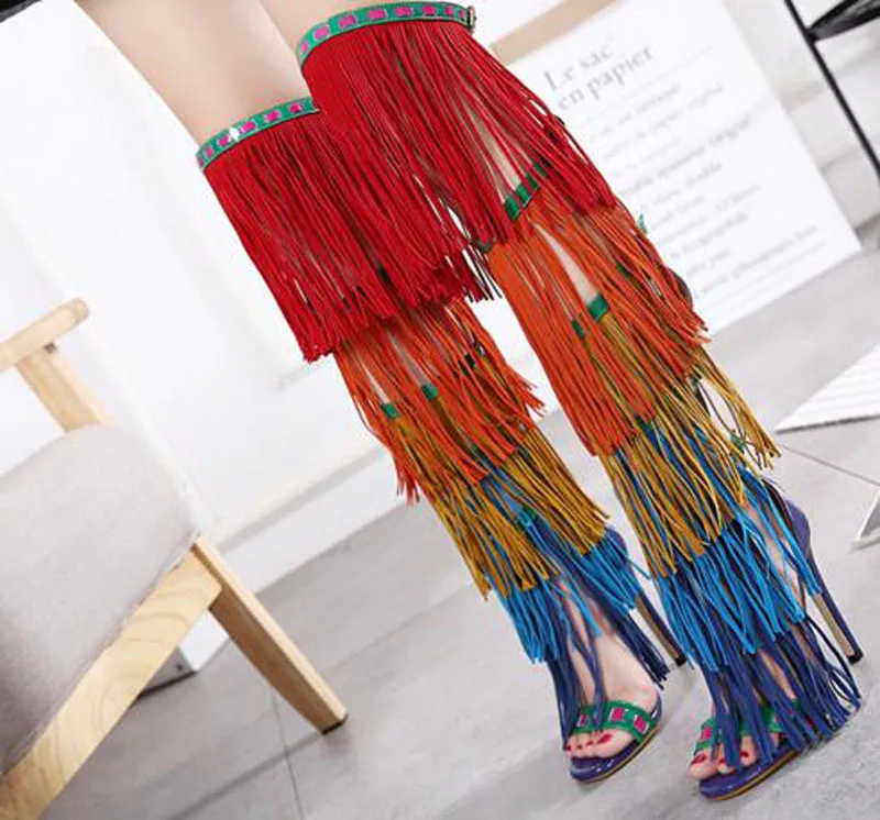 

Hot Selling Women Fashion Open Toe Suede Leather Mix-color Tassels Over Knee Gladiator Boots Charming Fringes High Heel Boots