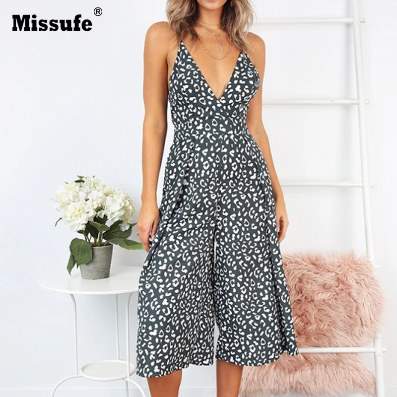 

Missufe Sexy V Neck Leopard Print Jumpsuits For Women Off Shoulder Wide Leg Bodysuits 2019 Vintage Boho Summer Playsuit Overalls
