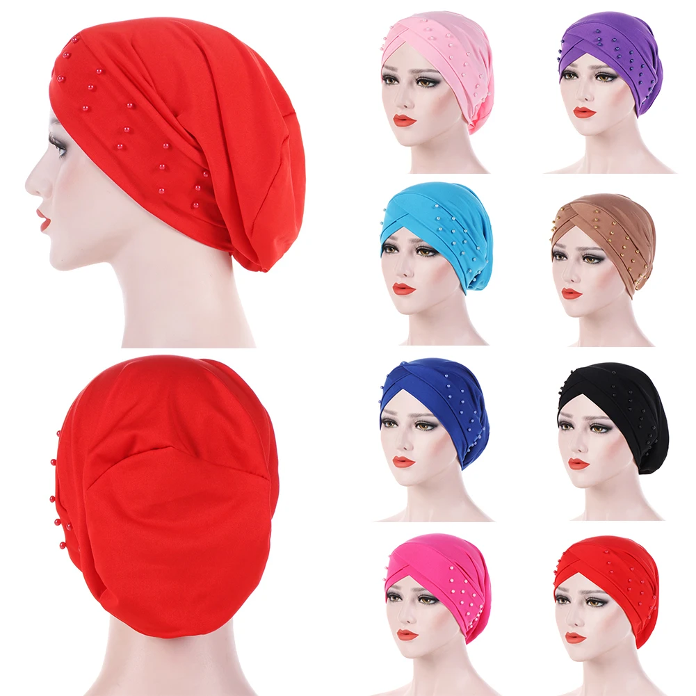 

New Stretch Polyester Forehead Cross Turban Hat Women Bandana Beaded Headwear Chemotherapy Cap Female Caps With Imitate Pearl