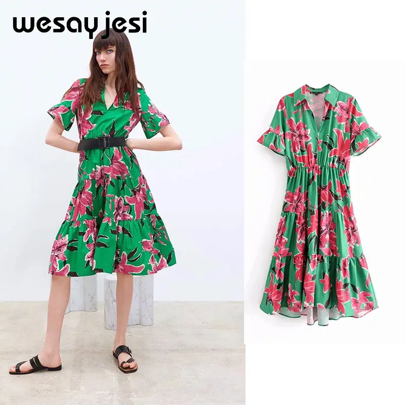 

2019 summer spring dress women vestidos english style flower print short sleeve knee-length dress vestidos de fiesta party dress