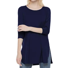 Autumn T Shirt Women T-shirt Solid Color Side Splits Three Quarter Sleeve O Neck Long Tops Casual tunics female Tee Shirt