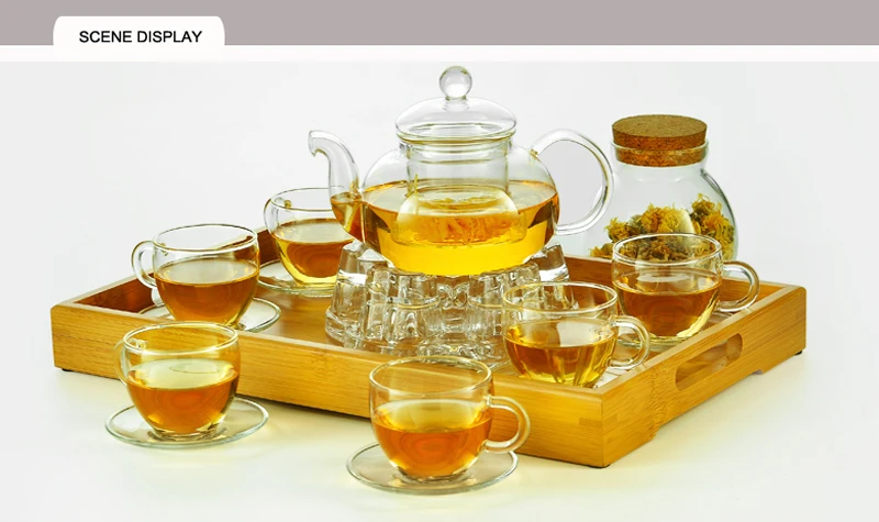 Элегантный стеклянный чайный сервиз из боросиликатного стекла, чайный горшок с чашками, бамбуковый чайный поднос, чайный сервиз, подогреватель, стеклянный чайный горшок, подарочный набор