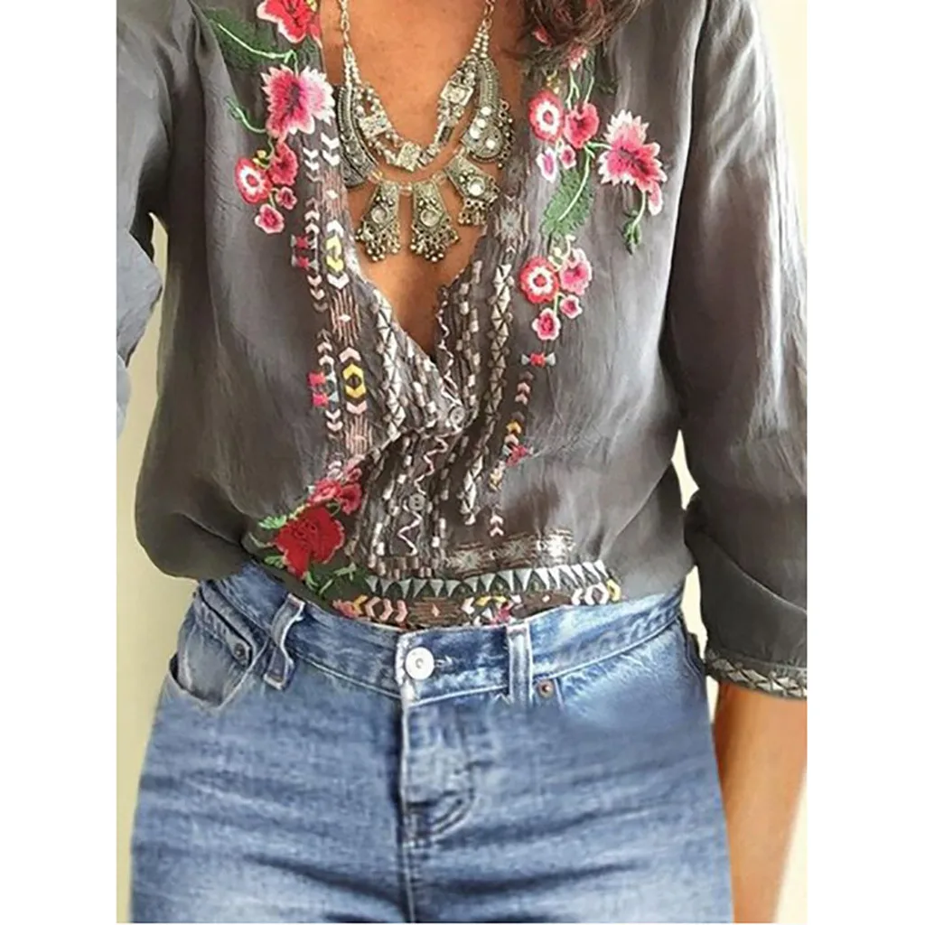 

Women Top Blouse Shirt Fashion Embroidered Sleeve Deep V-neck Casual Summer Ladies Tops Blusas mujer de moda 2019 Blouse Women
