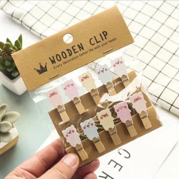 

10pcs/bag Cartoon Cute pig Wooden clip cute stationery party Decoration Photo Paper Craft Diy Clips With Hemp Rope
