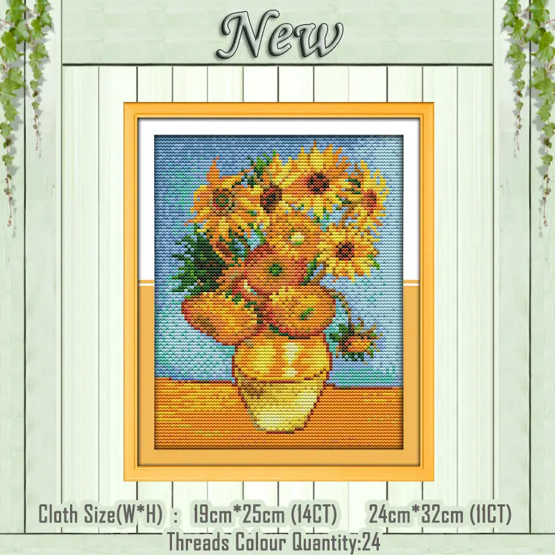 Van Gogh Sunflower Маковый Подсолнух, ваза с пейзажем, счетный принт на холсте, DMC 11CT, 14CT, наборы, сделай сам, вышивка крестиком, наборы для рукоделия - Цвет: Van Gogh Sunflower