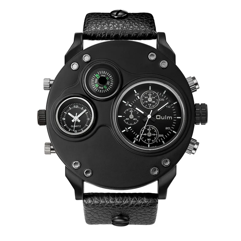 Oulm, уникальные спортивные часы для мужчин, люксовый бренд, два часовых пояса, наручные часы, декоративный компас, мужские кварцевые часы, relogio masculino - Цвет: Черный