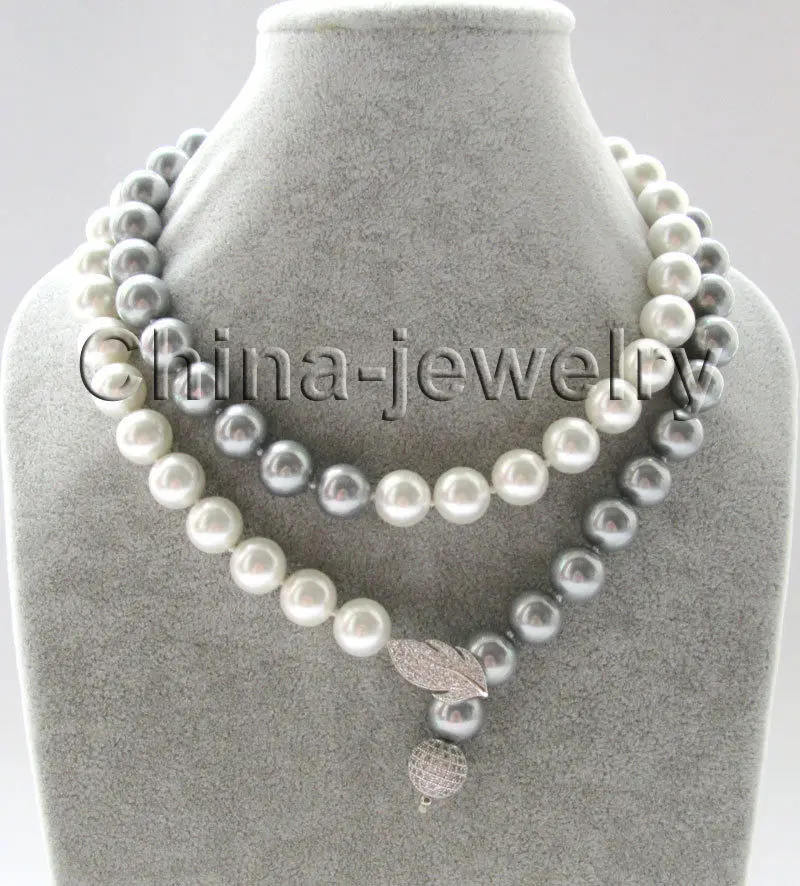 

FREE SHIPPING HOT sell new Style >>>> 33" 12mm perfect round white & gray south sea shell pearl necklace