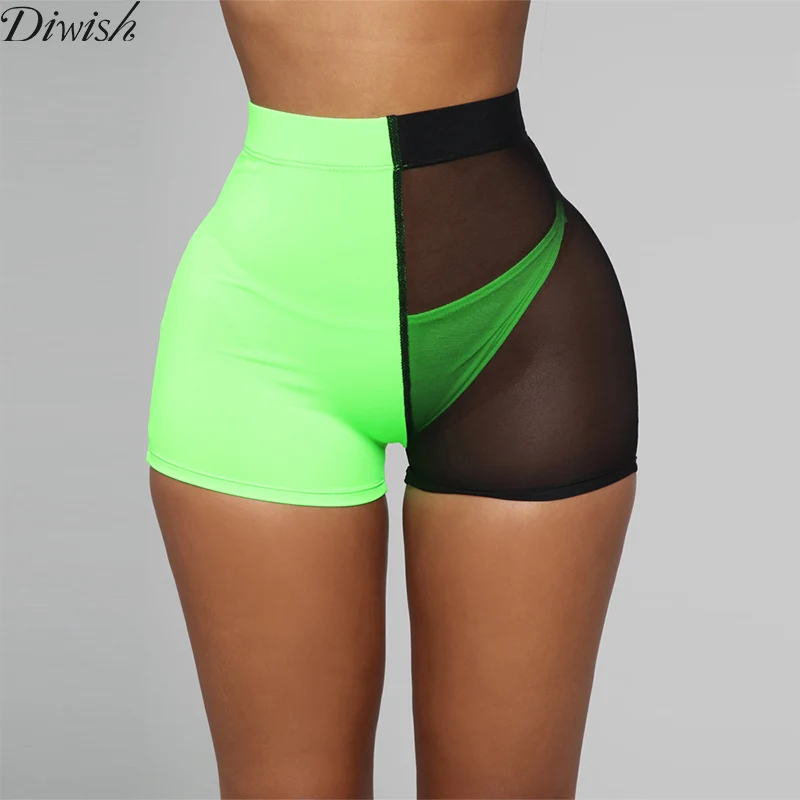 

Diwish Mesh Shorts Summer Sexy Fashion Women High Waist Shorts Patchwork See Through Short Elastic Ladies Clubwear