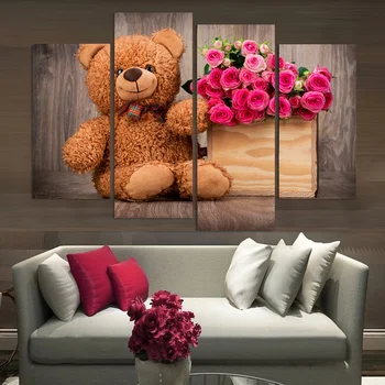 

Teddy Bear Picture Oil Painting Modern Wall Art Picture for Living Room Unframed Decorative on Canvas Print 4 Pieces