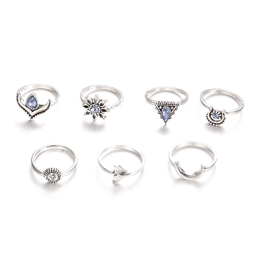 5 PCS/Set Bohemia Sun Moon Lotus Crown Rings Sets Flower Mermaid RhineStone Antique Silver Knuckle Rings for Women Jewelry