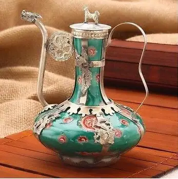 

Metal handicraft,antique Tibet Silver Green sculpture porcelain pot,porcelain inlaid porcelain cover,leopard monkey pot