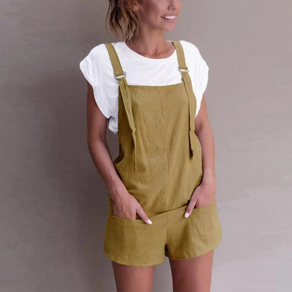 Women Summer fashion elegant jumpsuit Elastic Waist Dungarees Linen Cotton casual solid color rompers dungarees for women