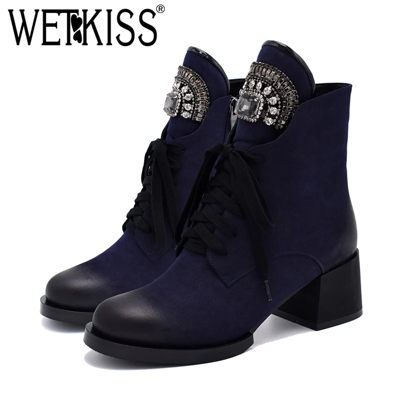 WETKISS/ботильоны; женские ботинки со шнуровкой, украшенные кристаллами; зимние плюшевые ботинки на толстом квадратном каблуке; теплая женская обувь; коллекция года